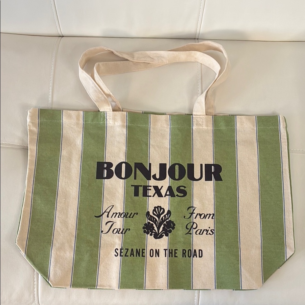 SÉZANE Bonjour Texas Green and Cream Striped Tote Bag - Amour Tour - On the Road